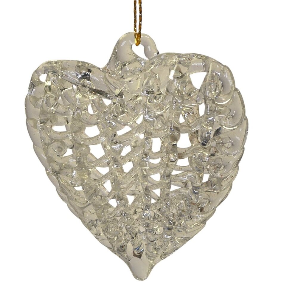 Handmade Clear Glass Heart Ornament Blown Openwork Lattice Vtg Christmas Love